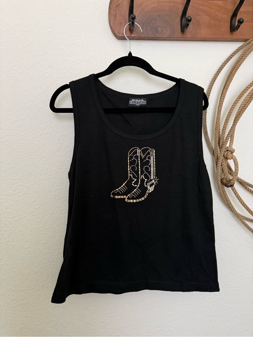Black Tank Top with Gold Studded Cowboy Boots Graphic